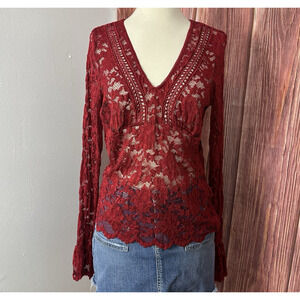Y2K Vamp Romantic Lace Top Red Sheer Floral Mesh Flare Long Sleeve Size Large